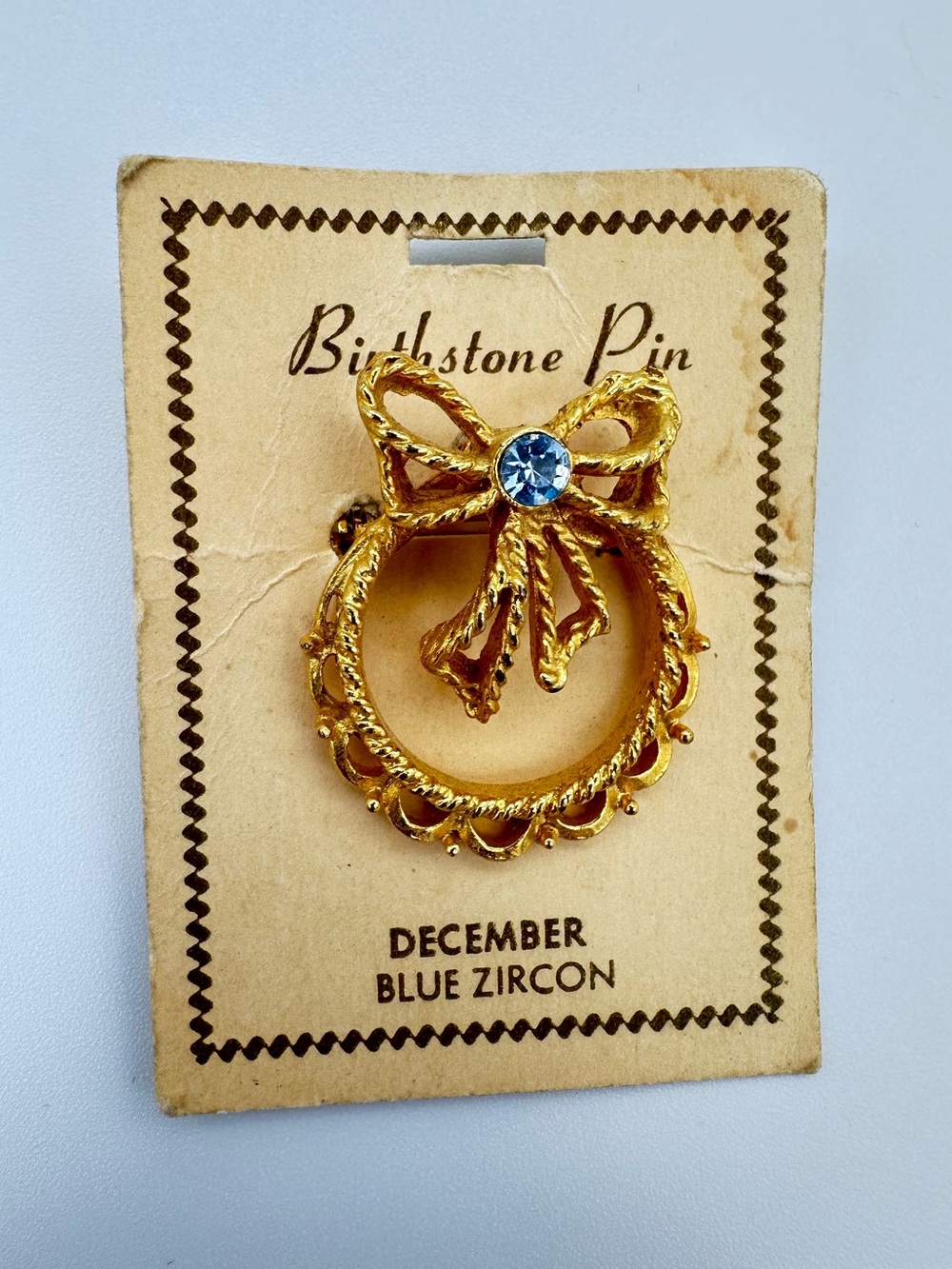 Vintage Gold Tone December Birthstone Pin Blue Zircon on Card